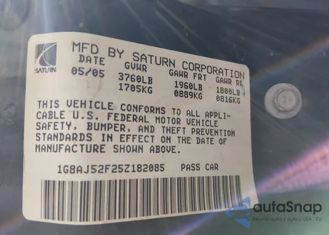 2005 Saturn Ion 2 z USA, uszkodzony, nr VIN 1G8AJ52F25Z182085